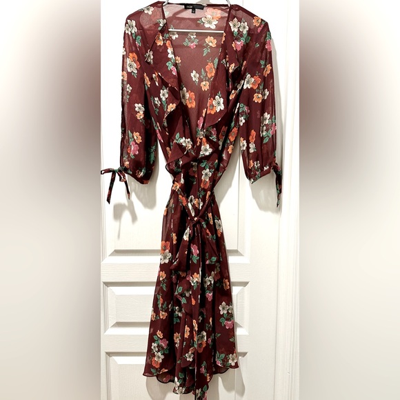 Maje Reselia Burgundy Sheer Floral Chiffon Ruffle Midi Self Tie Wrap Dress - Picture 2 of 12